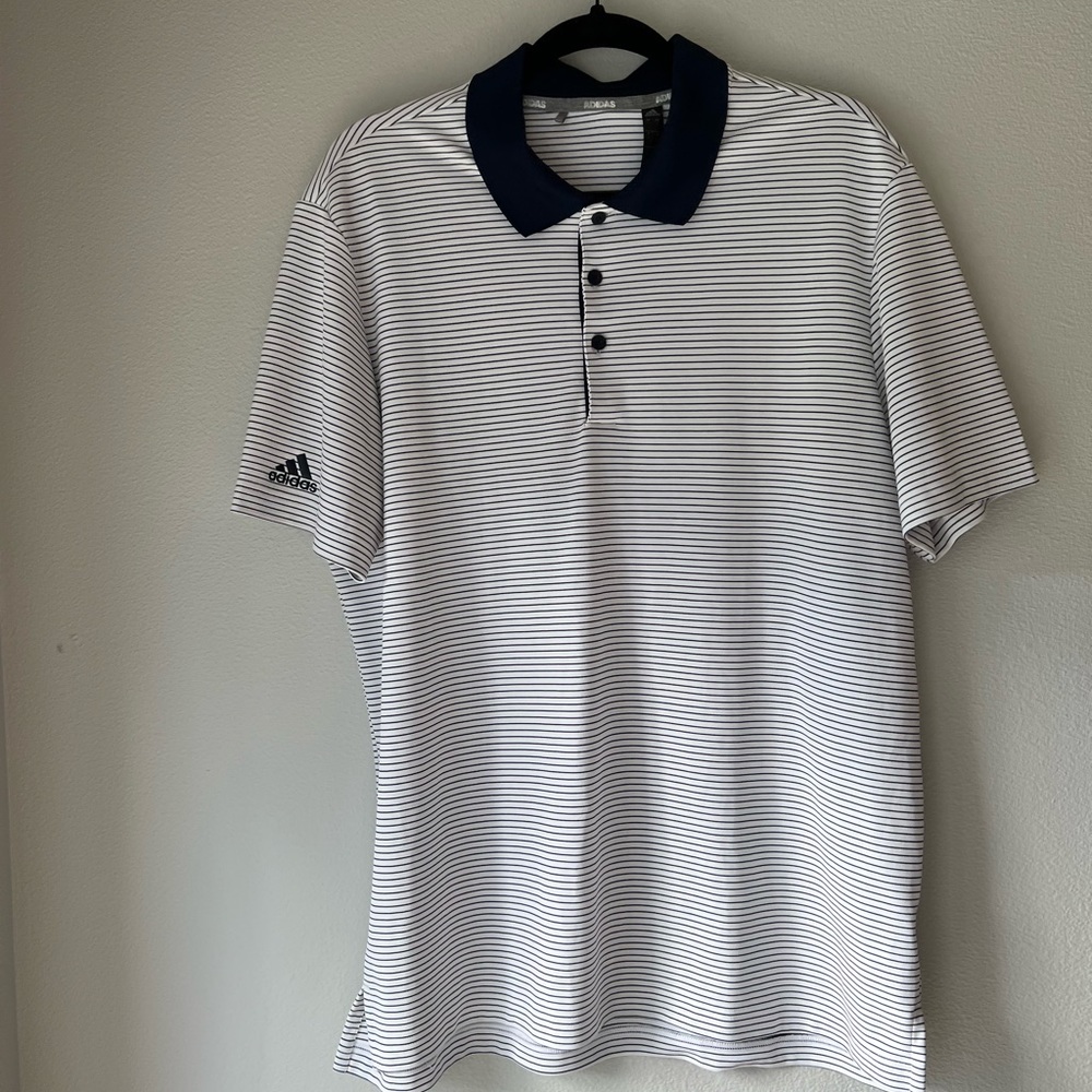 Adidas White and Navy Striped Polo Shirt